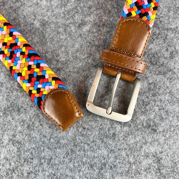 Woven Rainbow Multicolor Elastic Braided Belt Silver Buckle Brown Leather Trim - Picture 10 of 13